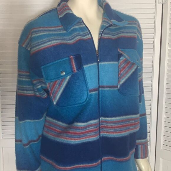 Vintage 80’s 90’s Oversized Blue Striped Zip Up Fleece Jacket Medium - Picture 4 of 14